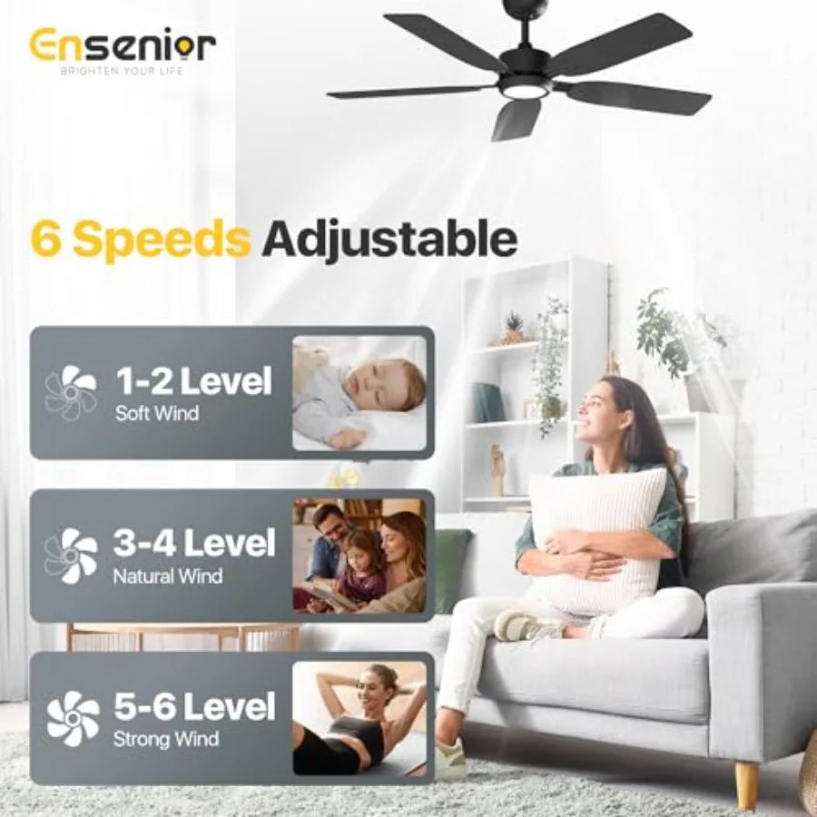 52 inch ceiling fan with light and remote for bedroom and living room, black modern DC motor fandelier with noiseless reversible