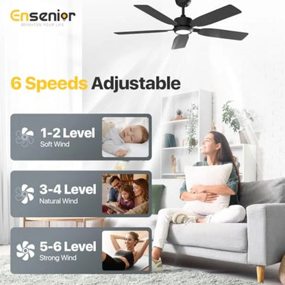52 inch ceiling fan with light and remote for bedroom and living room, black modern DC motor fandelier with noiseless reversible