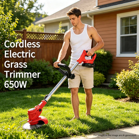 Electric Cordless Grass Trimmer Rechargeable Lawn Mower Weed Cutter with Alloy Saw Blade 2 Alloy Blades 5 Plastic Blades 2 Rechargeable Batteries Goggles Gloves Auxiliary Handle