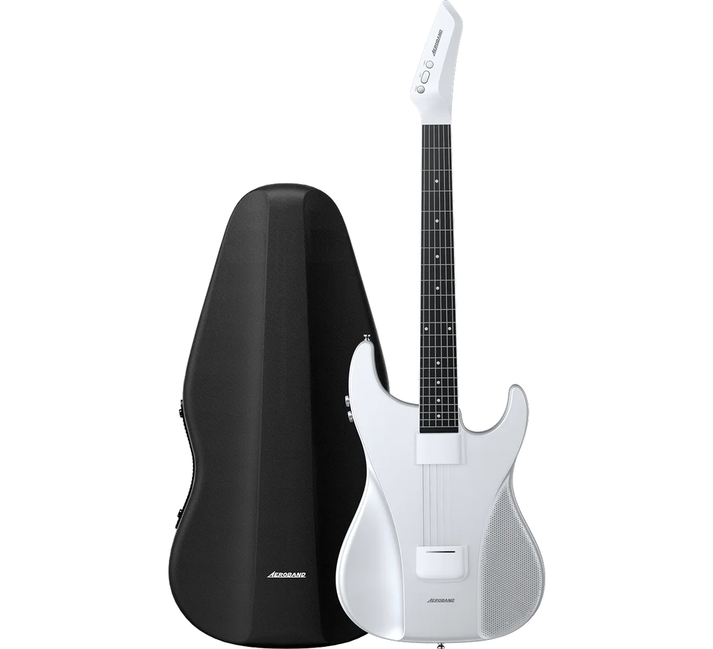 AeroBand Detachable Electric Guitar Pain-Free Silicone String All-in-One 9 Sound Styles Acoustic Bass with mic port Guitar Bag Sets White