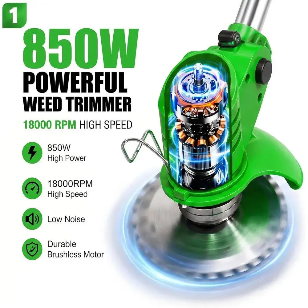 Weed Wacker with 2 Batteries, Lightweight 21Trimmer with Wheels, Electric Grass Trimmer, Adjustable Shaft Lawn Tool