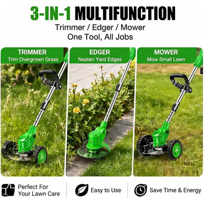 Weed Wacker with 2 Batteries, Lightweight 21Trimmer with Wheels, Electric Grass Trimmer, Adjustable Shaft Lawn Tool