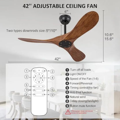 42 Inch Ceiling Fan no Light with Remote Control, ABS Blades, Reversible DC Motor, Timer Setting, Modern Outdoor Indoor Ceiling, Color: BlackWalnutGrain