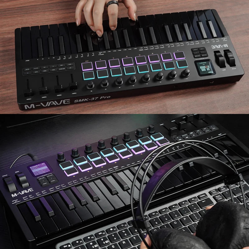 M-VAVE SMK-37 Keyboard Black MIDI Controller 37 Key 16 RGB Pads&8 Knobs Supports Wireless Connection Systems Software Operation