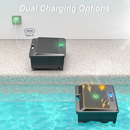 Upgraded Y90 Solar Robotic Pool Skimmer Cordless Powered Surface Pool Vacuum Cleaner Dual Charging Option with Remote Control for Pool Cleaning
