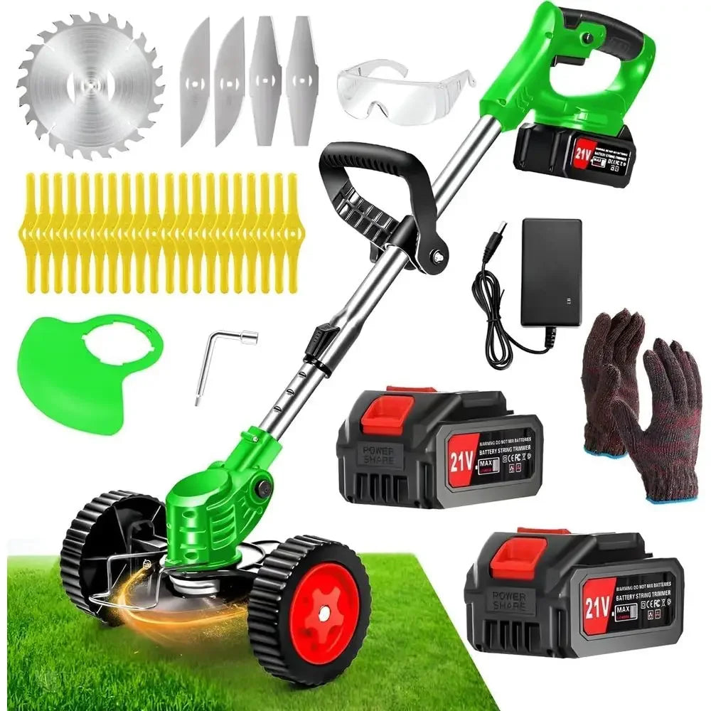 Weed Wacker with 2 Batteries, Lightweight 21Trimmer with Wheels, Electric Grass Trimmer, Adjustable Shaft Lawn Tool