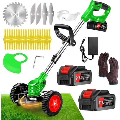 Weed Wacker with 2 Batteries, Lightweight 21Trimmer with Wheels, Electric Grass Trimmer, Adjustable Shaft Lawn Tool