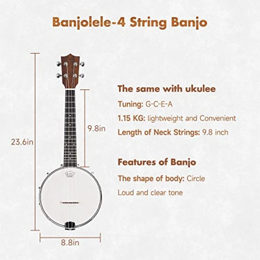 4-String Banjo Ukulele 23 Sapele Wood Dark Brown with Remo Head Nylon Strings Travel Kit Bag Tuner Picks BU806
