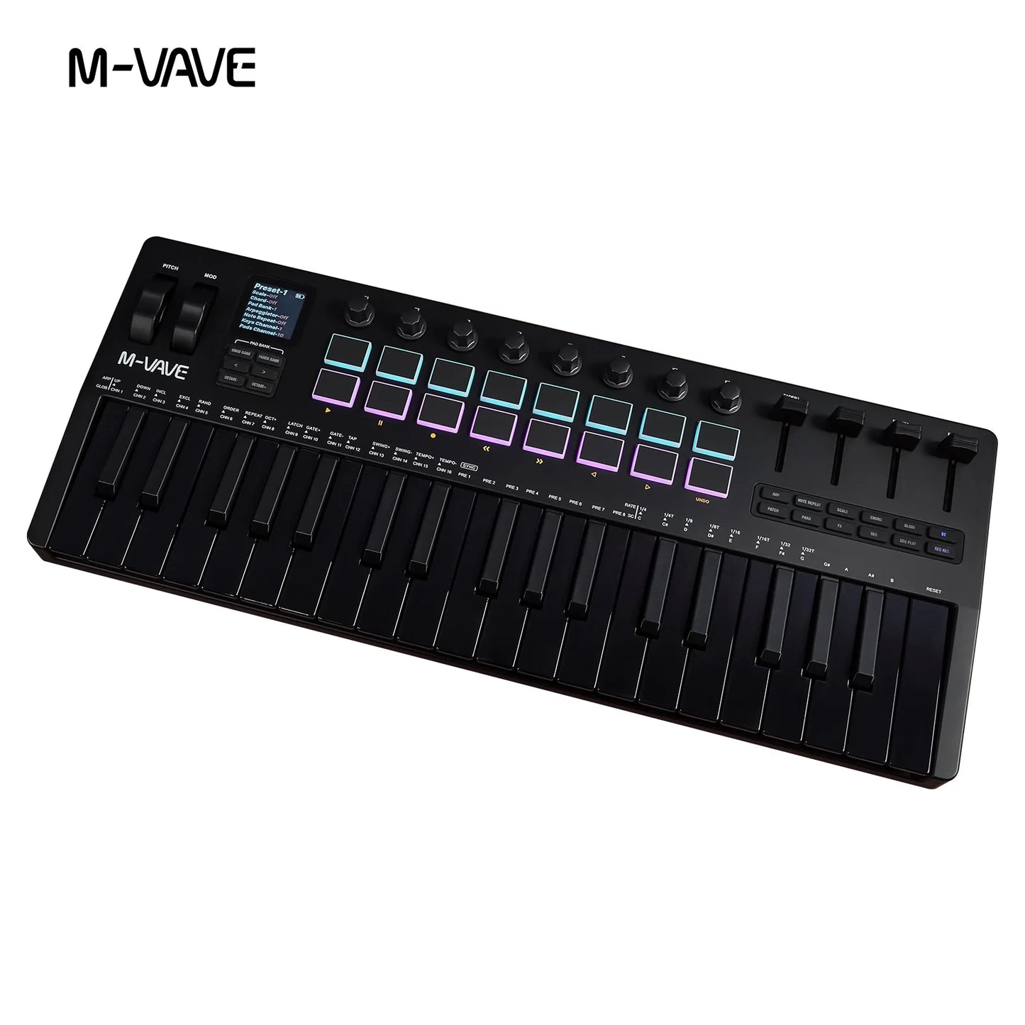 M-VAVE SMK-37 Keyboard Black MIDI Controller 37 Key 16 RGB Pads&8 Knobs Supports Wireless Connection Systems Software Operation