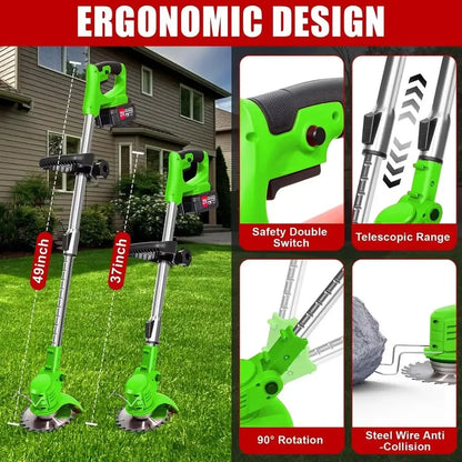Weed Wacker with 2 Batteries, Lightweight 21Trimmer with Wheels, Electric Grass Trimmer, Adjustable Shaft Lawn Tool