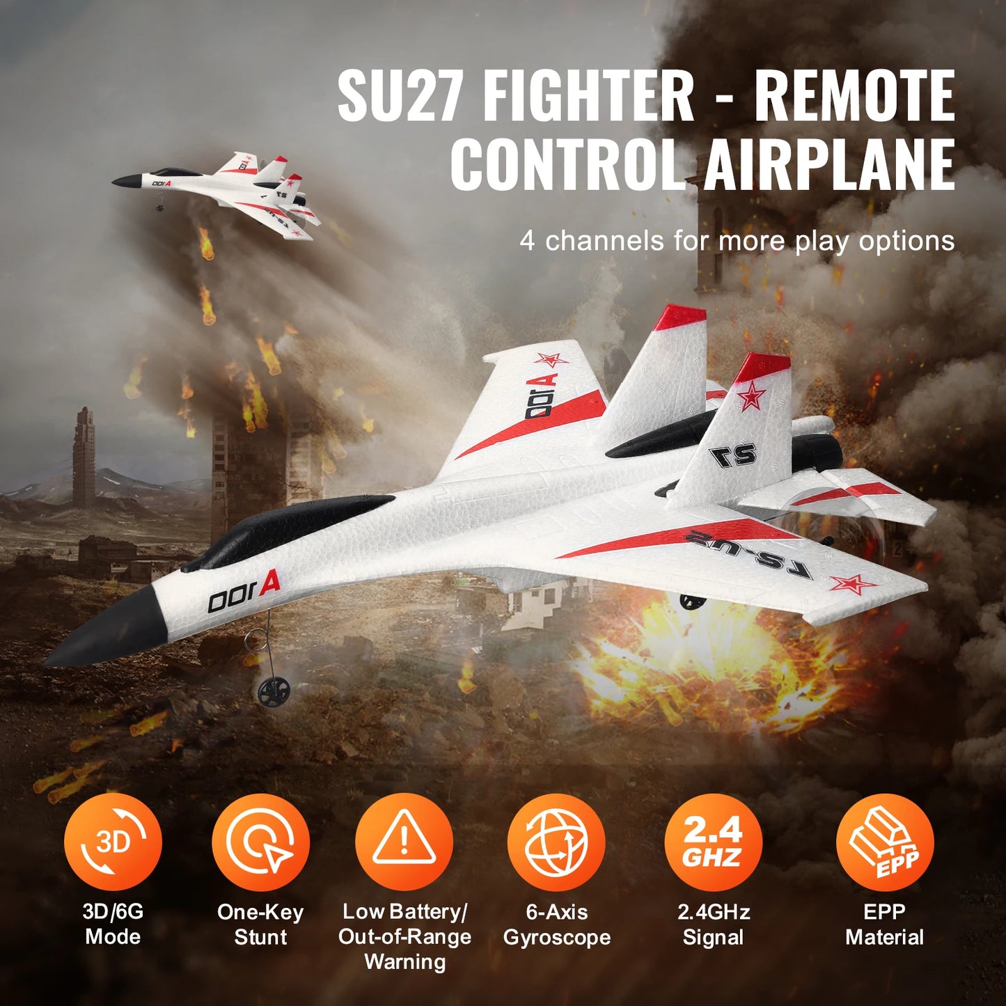 SucceBuy SU27 RC Plane 2.4G Remote Control Flying Model Glider Airplane with 2 Batteries Aircraft Foam Toys for Children Gifts White