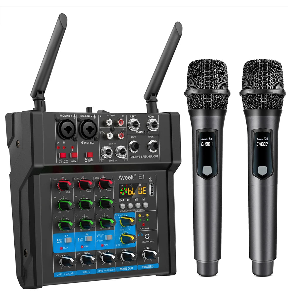 Aveek Powered Amplifier Audio Mixer,Dual Wireless Mic Sound Board Console Digital USB BluetoothComputer DJ Mixing for Karaoke