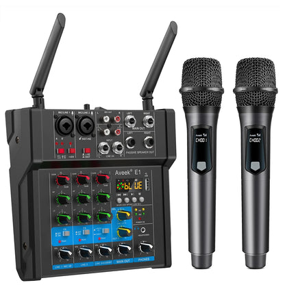Aveek Powered Amplifier Audio Mixer,Dual Wireless Mic Sound Board Console Digital USB BluetoothComputer DJ Mixing for Karaoke