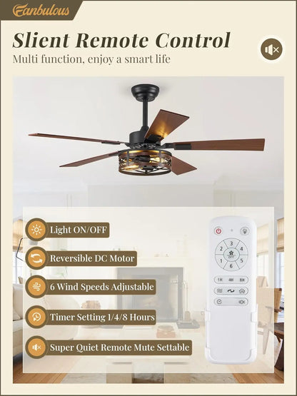 48 Inch Farmhouse Ceiling Fan with Light, 6-Speed DC Motor, Reversible, Dual Finish Blades, Caged Design for Living Room Bedroom