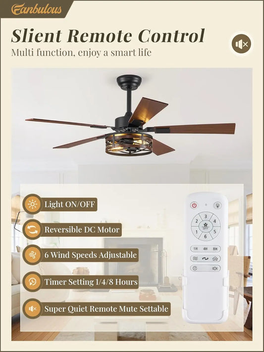48 Inch Farmhouse Ceiling Fan with Light, 6-Speed DC Motor, Reversible, Dual Finish Blades, Caged Design for Living Room Bedroom