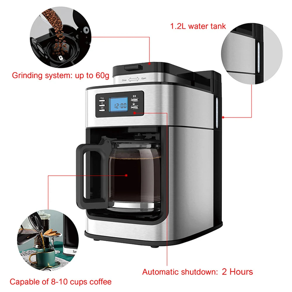 XEOLEO Automatic Coffee Machines 2 In1 Drip LED-Display Electric Bean Coffee Maker Espresso Tea Boiler Drip Mill Beans Grinding