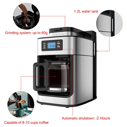 XEOLEO Automatic Coffee Machines 2 In1 Drip LED-Display Electric Bean Coffee Maker Espresso Tea Boiler Drip Mill Beans Grinding