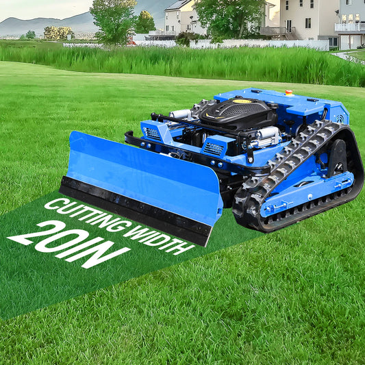Multifunctional Remote Control Crawler Lawn Mower with Snow Plow, 225CC Gasoline Grass Cutter Robot, 550mm Cutting Width, 45° Climbing All Terrain Garden Snow Removal Machine