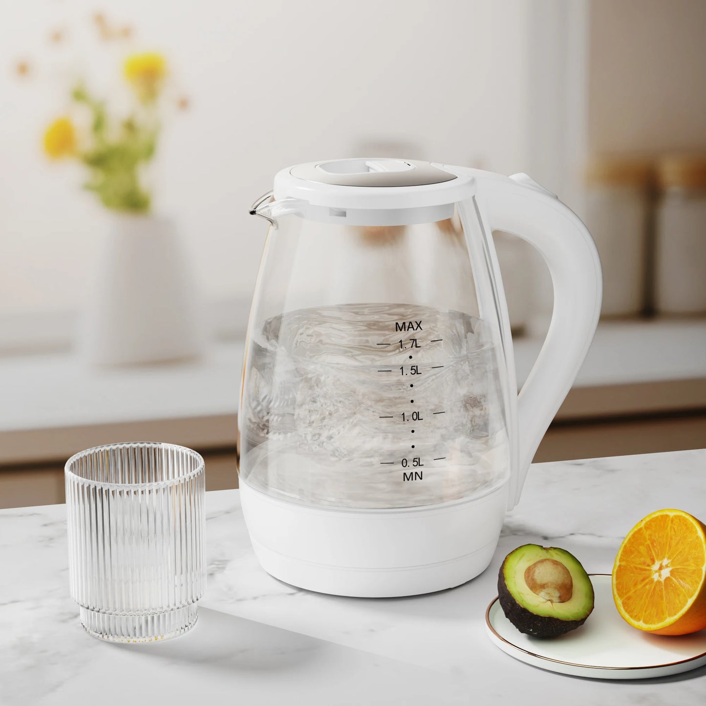 Electric Kettle with Water Dispenser - 1.7L Elegant Glass Tea Pot, 1100W Fast Boiling, LED Indicator, Auto-Shutoff