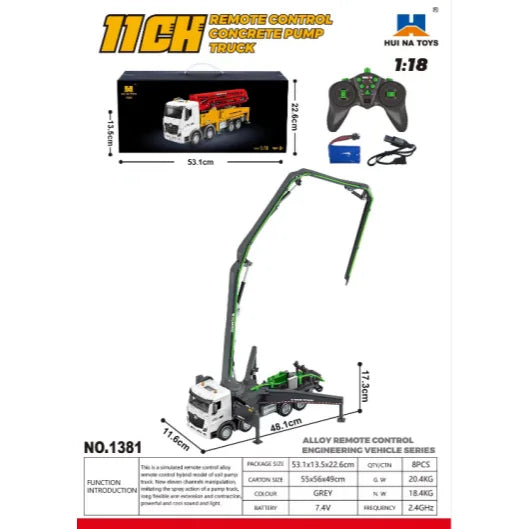 1/18 HUINA 1381 Remote Control Concrete Pump Truck Engineering Vehicle Finished Model RTR Manual Support Leg Light Sound Effects Grey Green