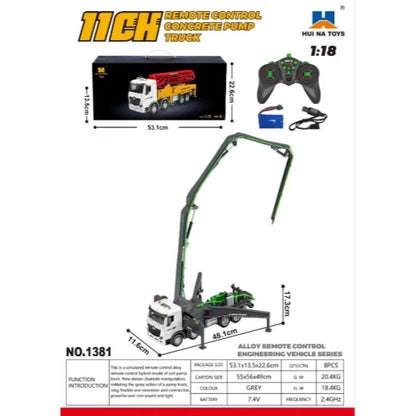 1/18 HUINA 1381 Remote Control Concrete Pump Truck Engineering Vehicle Finished Model RTR Manual Support Leg Light Sound Effects Grey Green