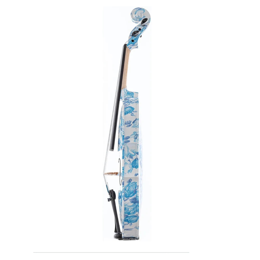 4/4 Blue White Floral Art Violin with Case Bow Rosin & Shoulder Rest HandPainted Solid Wood Ebony Outfit for Musicians Beginners