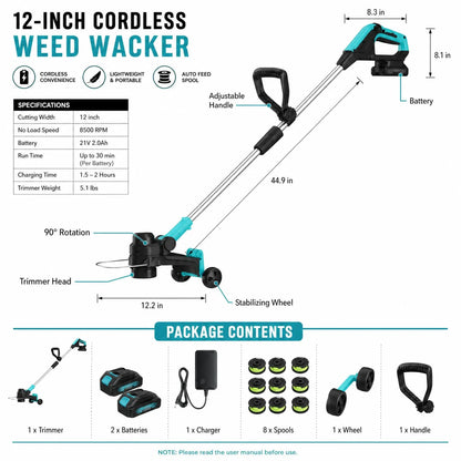 Cordless String Trimmer - Weed Wacker Battery Powered Electric Weed Trimmer with 2x2.0Ah Batteries, 12" Grass Cutter Auto Line Feed, Lawn wacker with 8 Pcs Spools, Lightweight Edger Lawn Tool