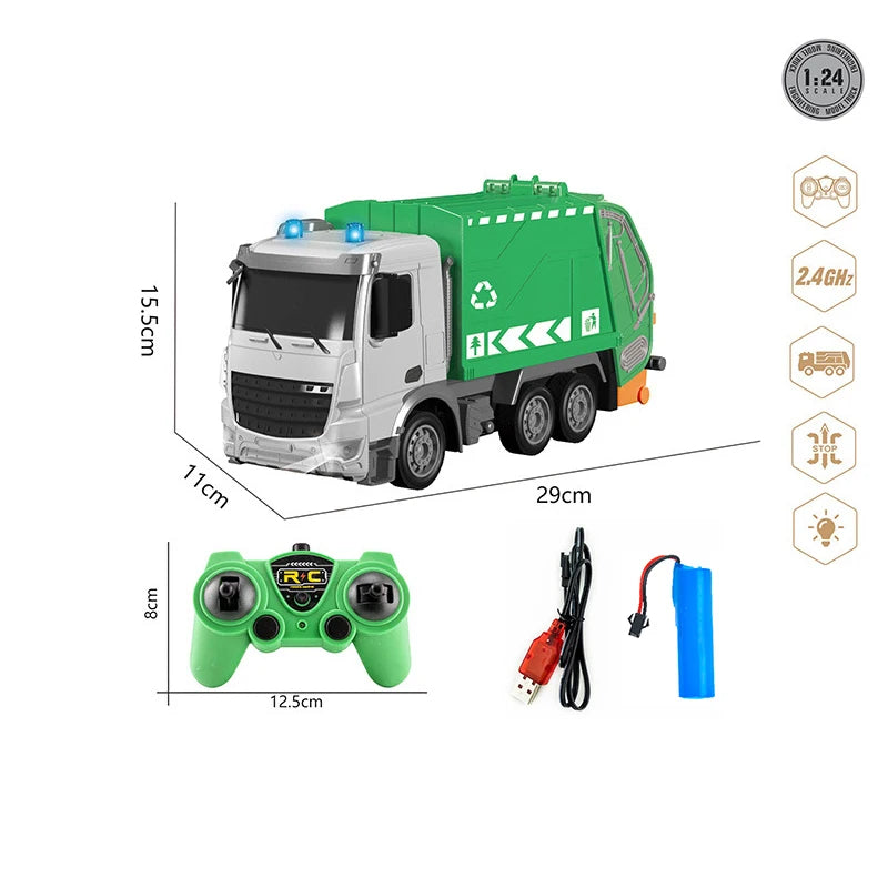 1:24 RC Truck Garbage Car Heavy Tractor Model Engineering Car Radio Controlled Sanitation Eletric Vehicle Car Toys for Boys Gift Sanitation vehicles