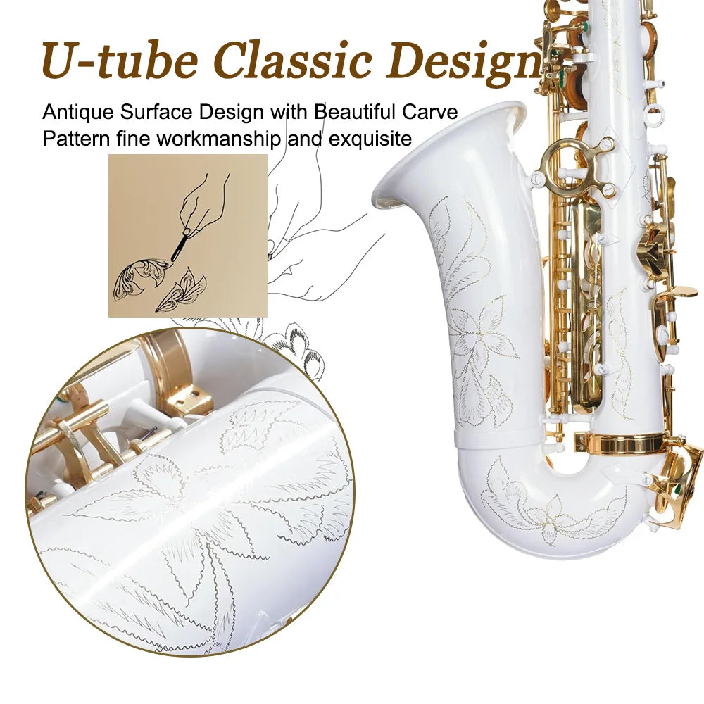 SLADE White Gold Key Alto Saxophone Beginner Set for Adult Student Sax Eb Professional Brass Saxophone with Woodwind Parts White gold key