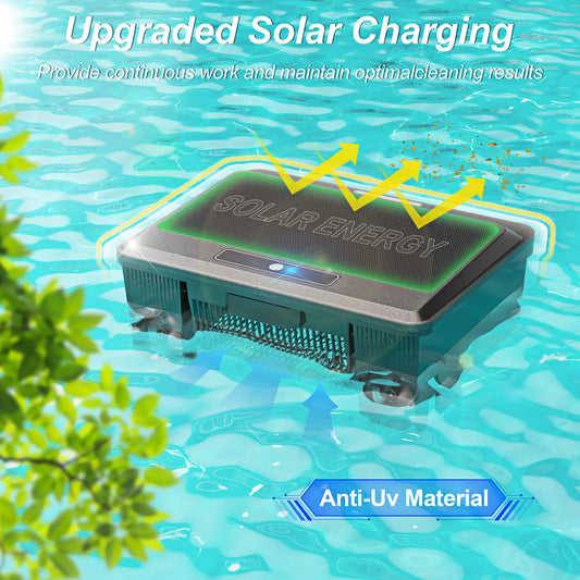 Upgraded Y90 Solar Robotic Pool Skimmer Cordless Powered Surface Pool Vacuum Cleaner Dual Charging Option with Remote Control for Pool Cleaning