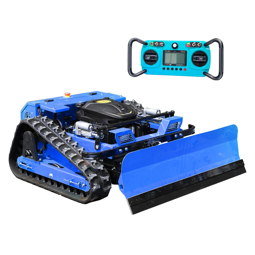 Multifunctional Remote Control Crawler Lawn Mower with Snow Plow, 225CC Gasoline Grass Cutter Robot, 550mm Cutting Width, 45° Climbing All Terrain Garden Snow Removal Machine