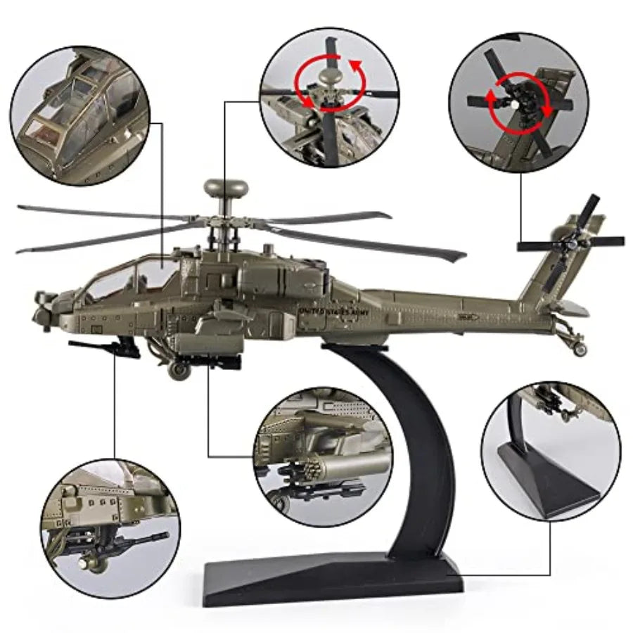 Helicopters for Boys AH-64 Longbow Apache Helicopter Model Airplanes, Diecast Military Attack Helicopter, Model Airplane with L