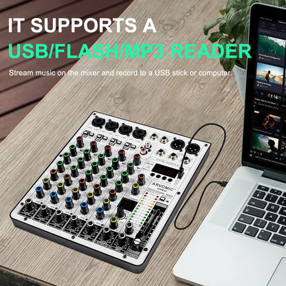 6-Channel Audio Mixer, DJ Mixer with USB Audio Interface, Bluetooth Function, 16 DSP Effects, and 3-Band EQ (ARMX-6)