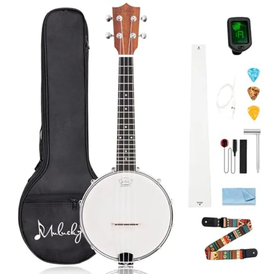 4-String Banjo Ukulele 23 Sapele Wood Dark Brown with Remo Head Nylon Strings Travel Kit Bag Tuner Picks BU806