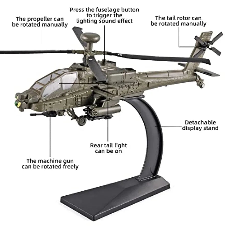 Helicopters for Boys AH-64 Longbow Apache Helicopter Model Airplanes, Diecast Military Attack Helicopter, Model Airplane with L