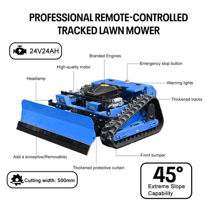 Multifunctional Remote Control Crawler Lawn Mower with Snow Plow, 225CC Gasoline Grass Cutter Robot, 550mm Cutting Width, 45° Climbing All Terrain Garden Snow Removal Machine